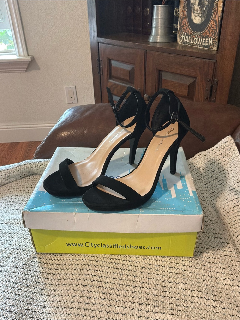 Cityclassified Black Suede Ankle-Strap Stilettos